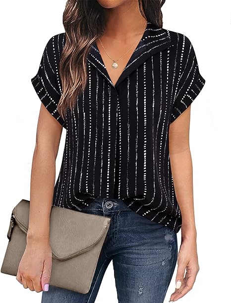 Timeson Women's Short Sleeve Chiffon Blouses for Office Work Business Attire Collared Shirts